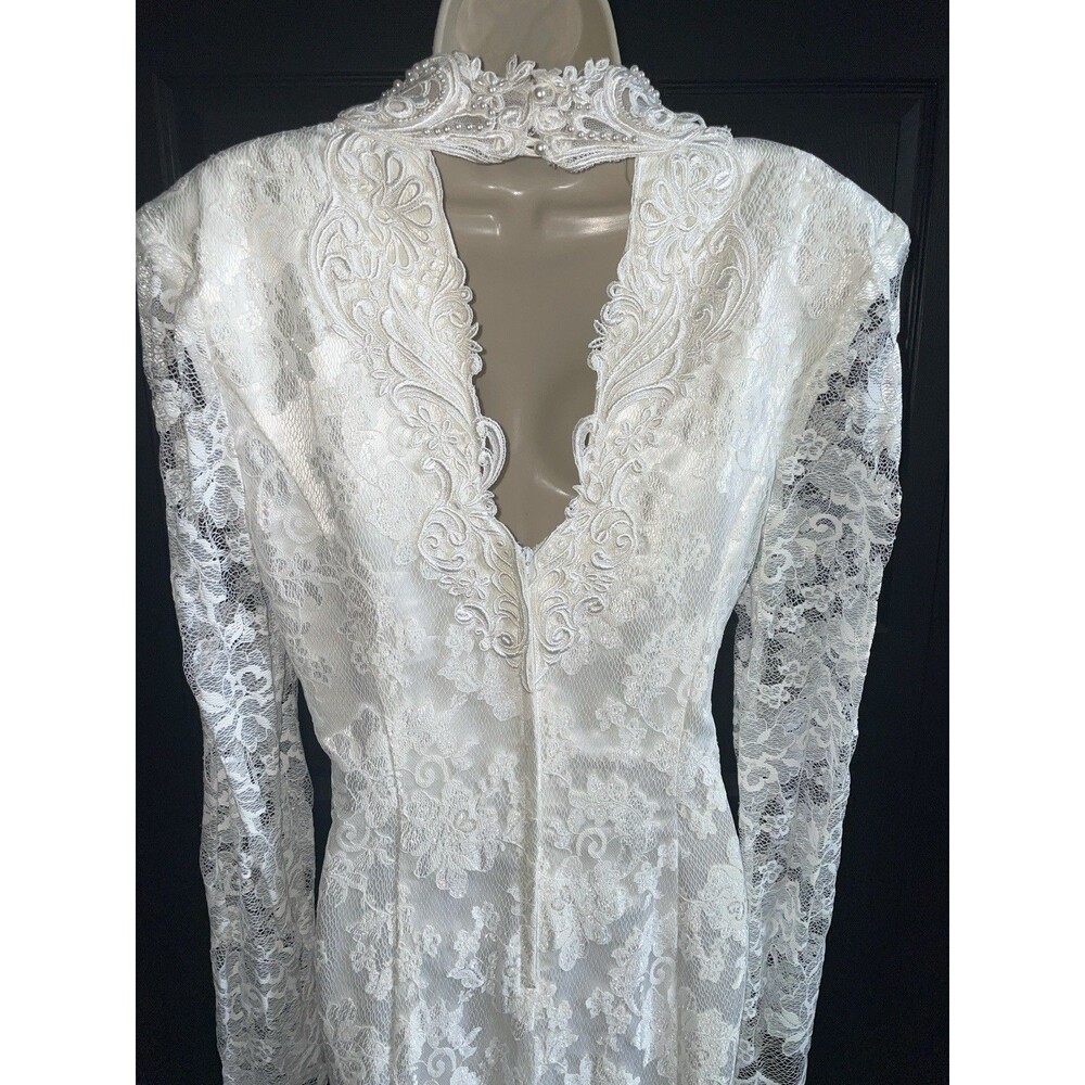 Vintage 80s Lace Wedding Dress Long Sleeve High Neck Pearl Mermaid Gown - Picture 8 of 12